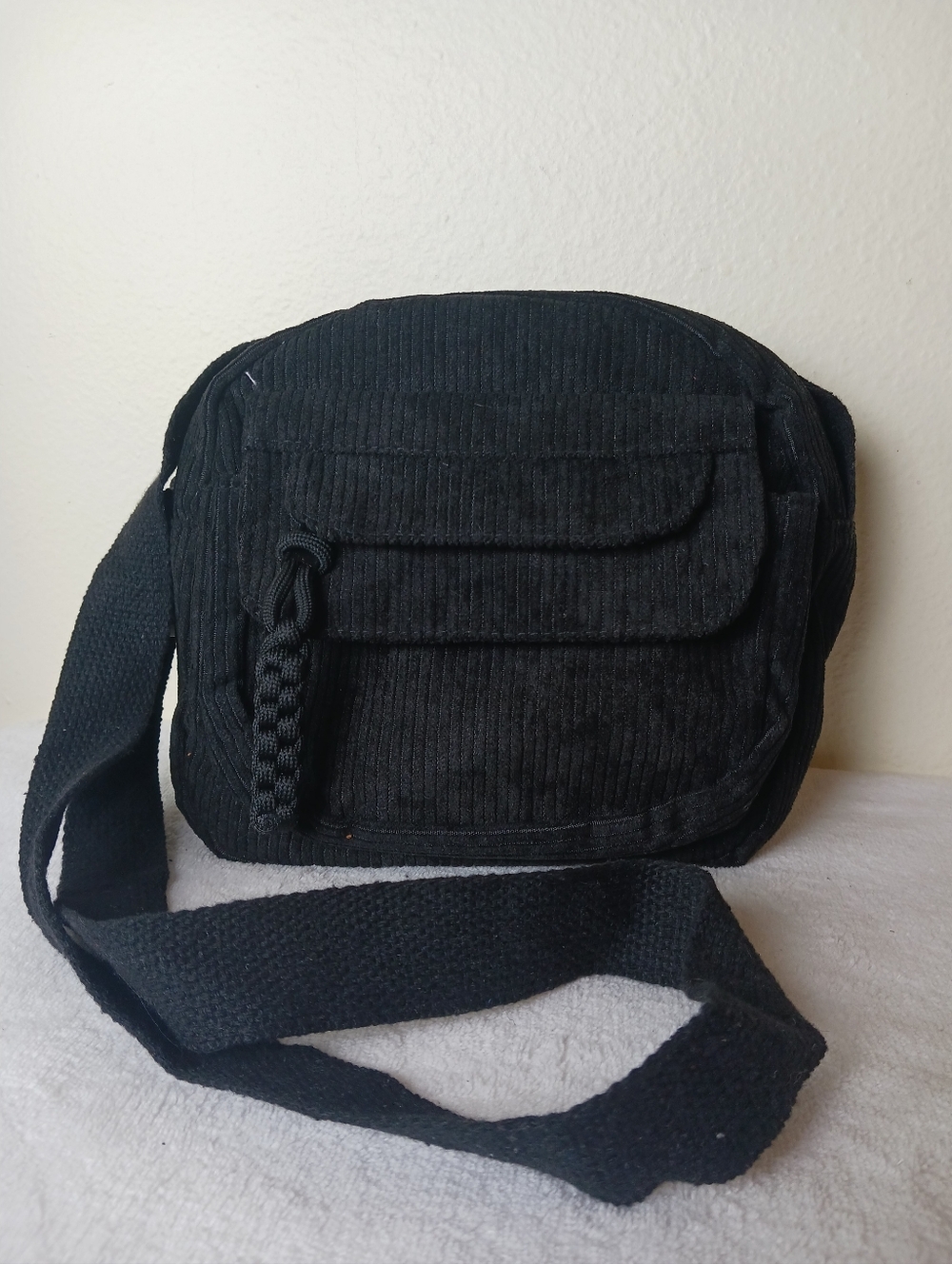 Black Corduroy Crossbody Bag for Men